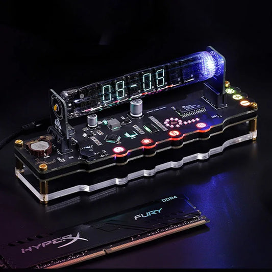 Electronic component with digital display and LED lights on a dark background