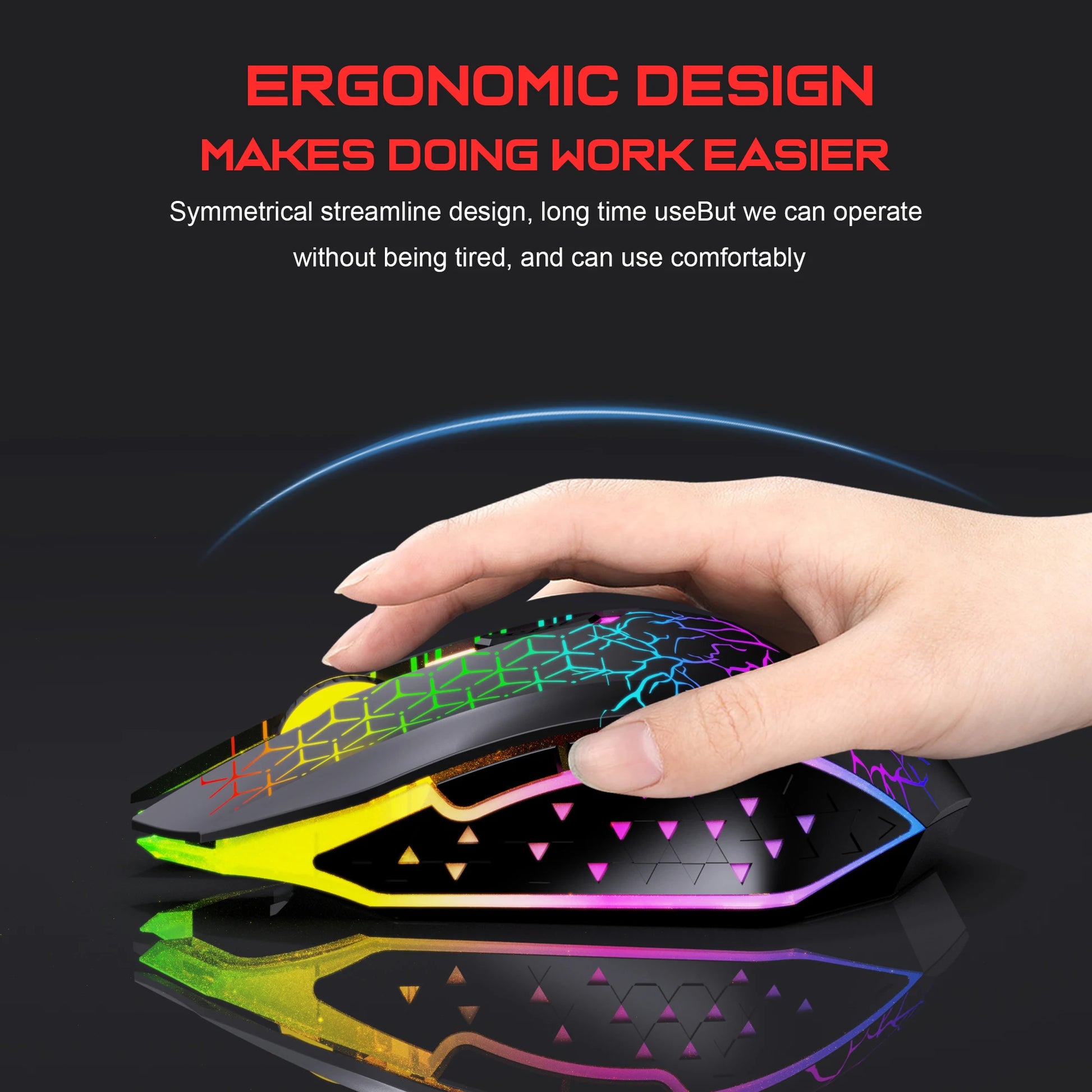 Hand using a colorful ergonomic mouse with text about its design benefits on a black background