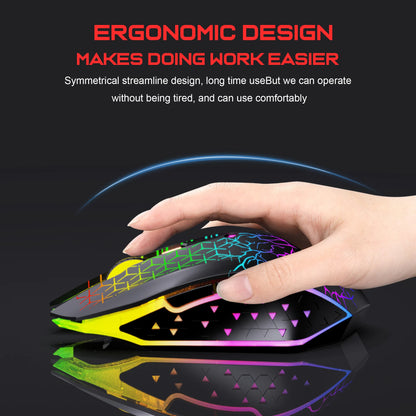 Hand using a colorful ergonomic mouse with text about its design benefits on a black background