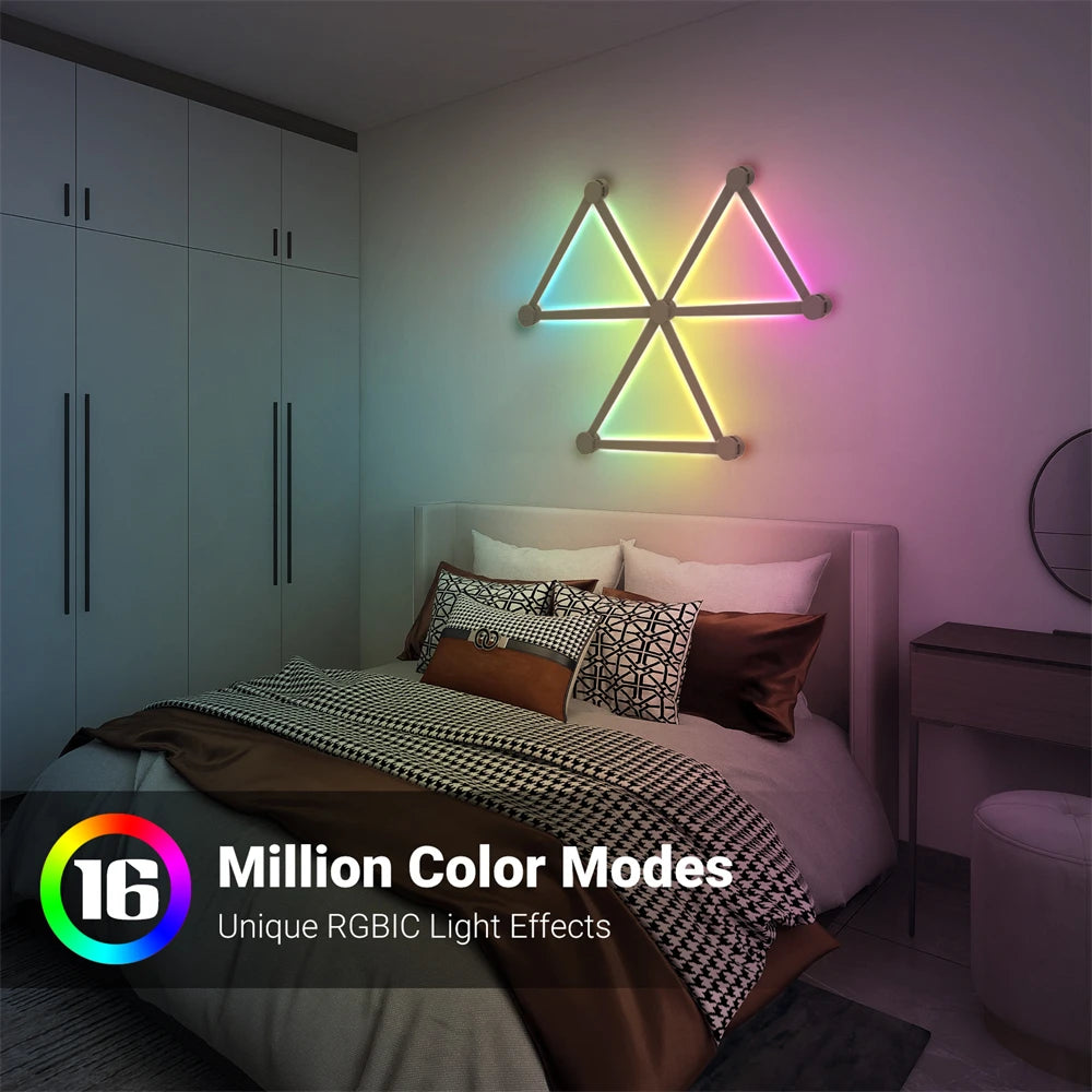 Neon light fixture on a wall above a bed in a bedroom with text about color modes.