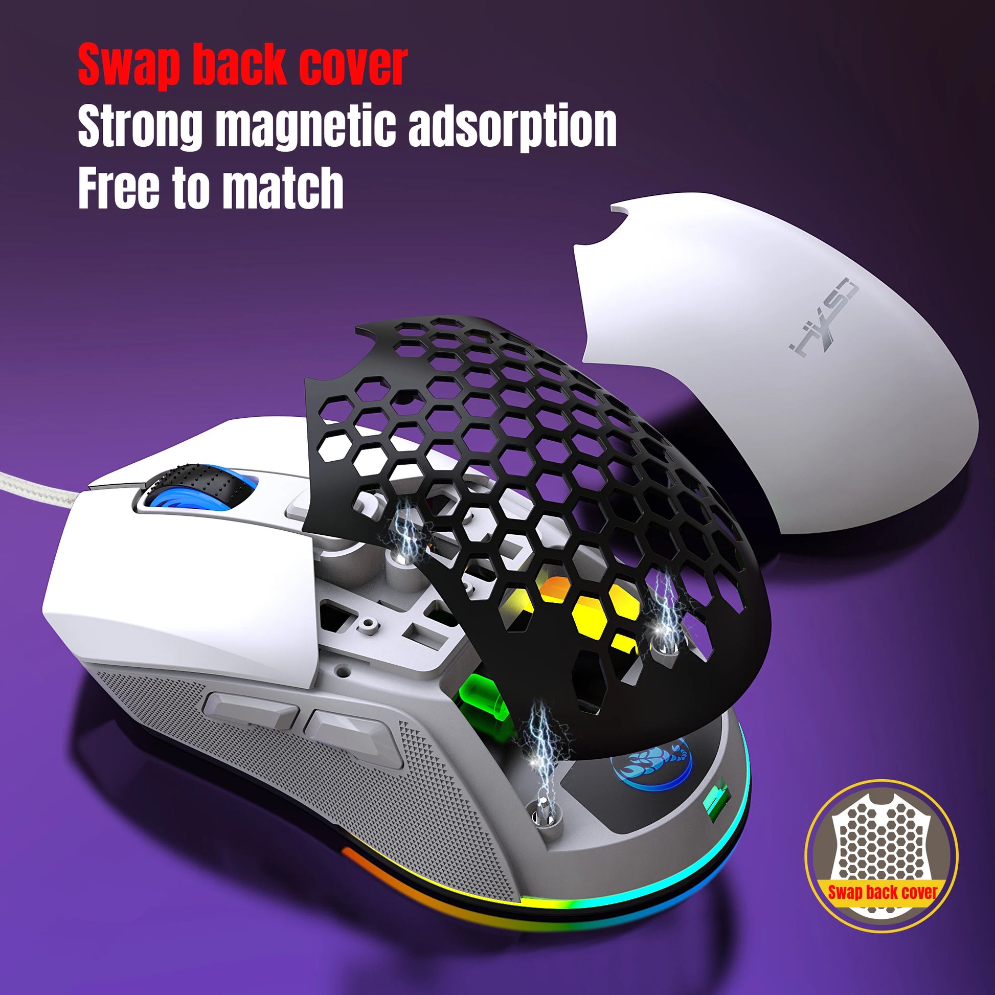 Gaming mouse with a detachable back cover on a purple background