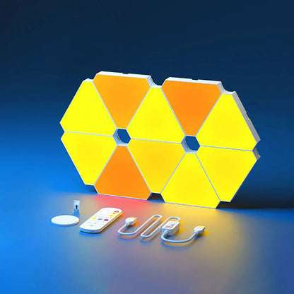 Hexagonal LED light panel with remote control on a blue background