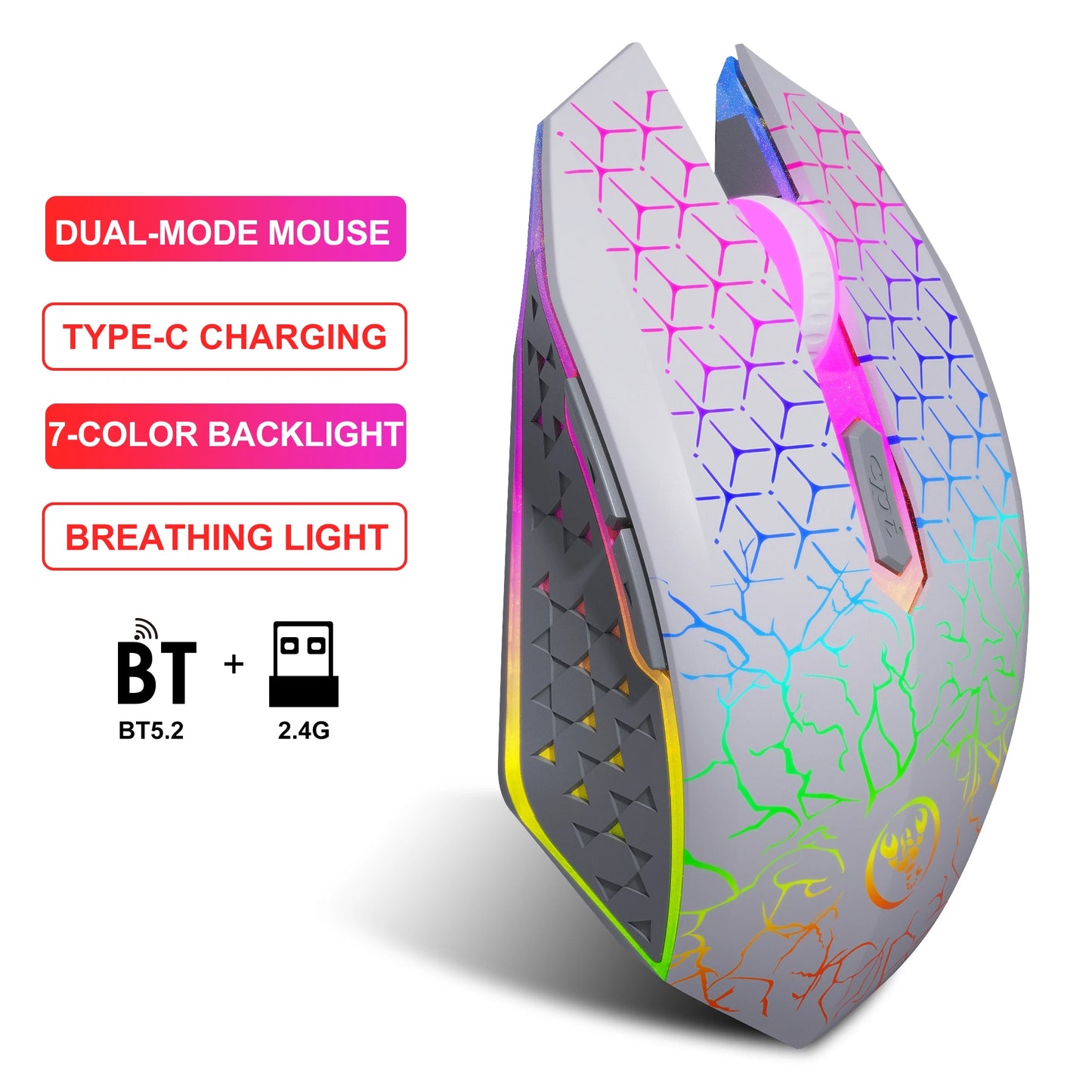 Colorful gaming mouse with text highlighting features on a white background