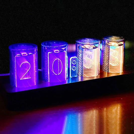 Set of illuminated cylindrical containers with numbers and symbols on a dark background