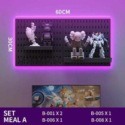 Toy display set with figures on a purple background, showing dimensions and product details.