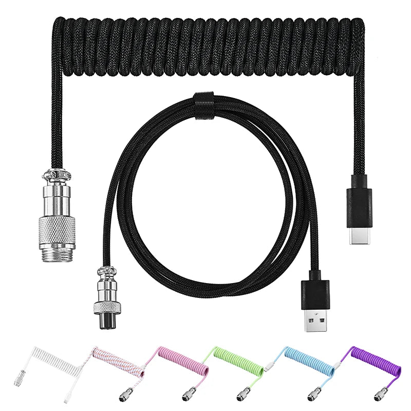 Black coiled cable with USB connectors on a white background