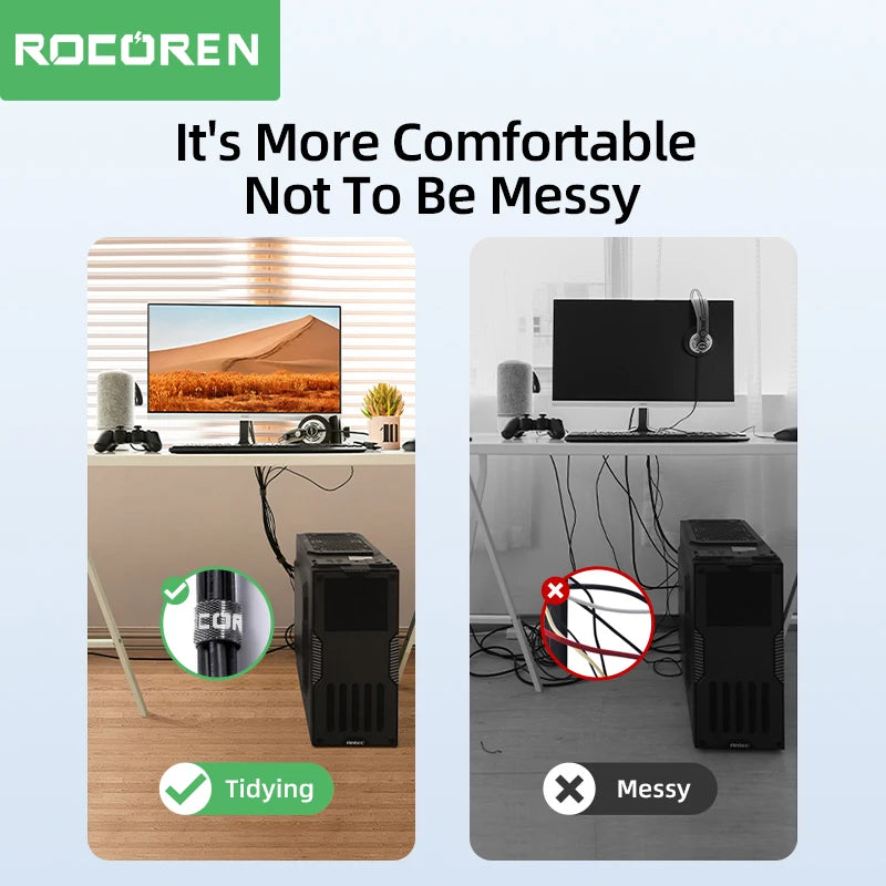 Comparison of tidy and messy computer setups with ROCOREN branding.