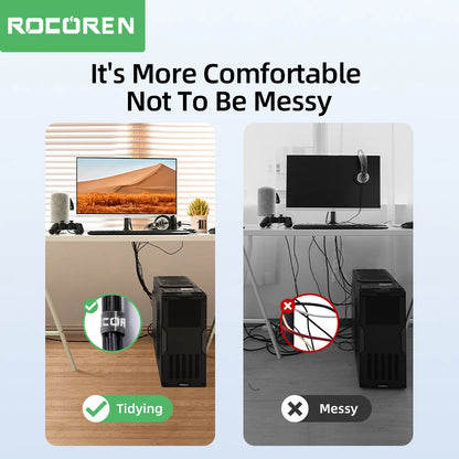 Comparison of tidy and messy computer setups with ROCOREN branding.