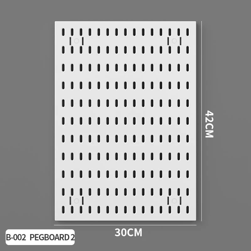 Pegboard with a grid pattern on a gray background