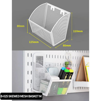Skewed mesh basket with dimensions and shown in use on a wall-mounted organizer.
