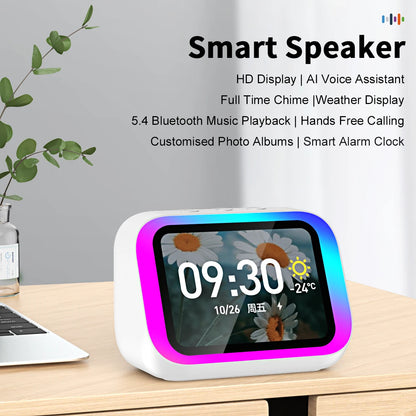 Smart speaker with display on a desk, featuring text about its features.