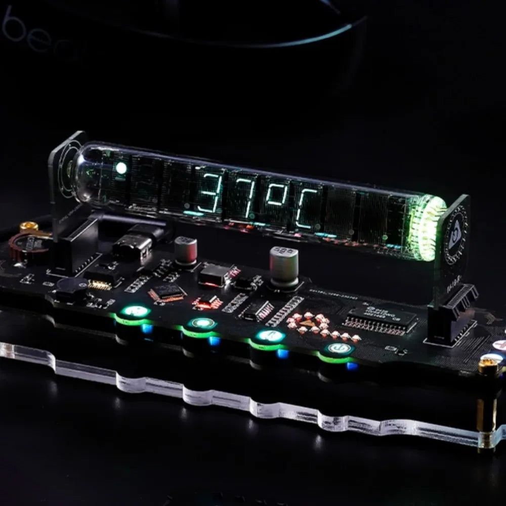 Electronic component with digital display and LED lights on a dark background