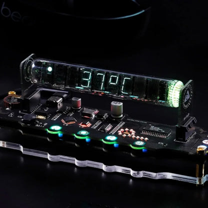 Electronic component with digital display and LED lights on a dark background