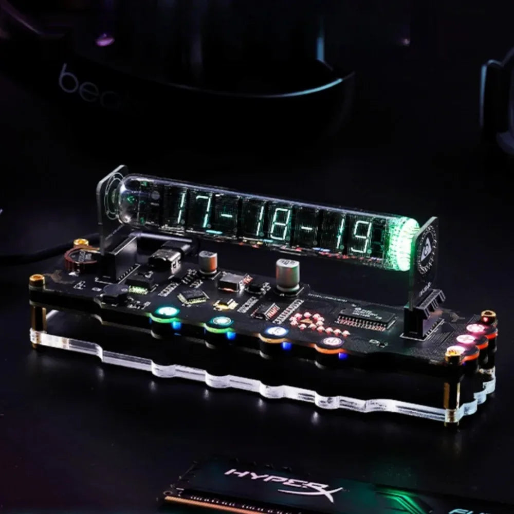 Electronic component with digital display and RGB lighting on a dark background