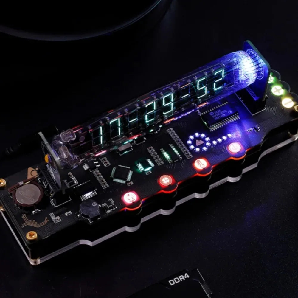 Electronic circuit board with LED display on a dark background