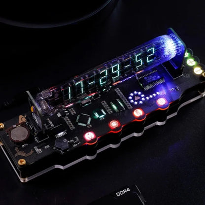 Electronic circuit board with LED display on a dark background