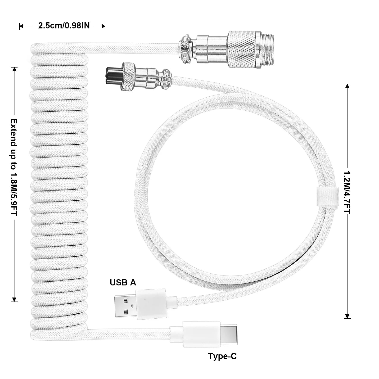 White USB Type-C cable with connectors and measurements on a white background