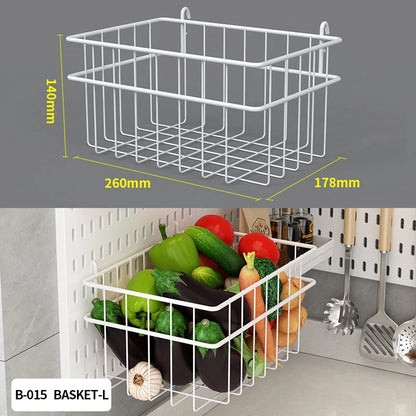 White wire basket with dimensions and vegetables inside on a gray background