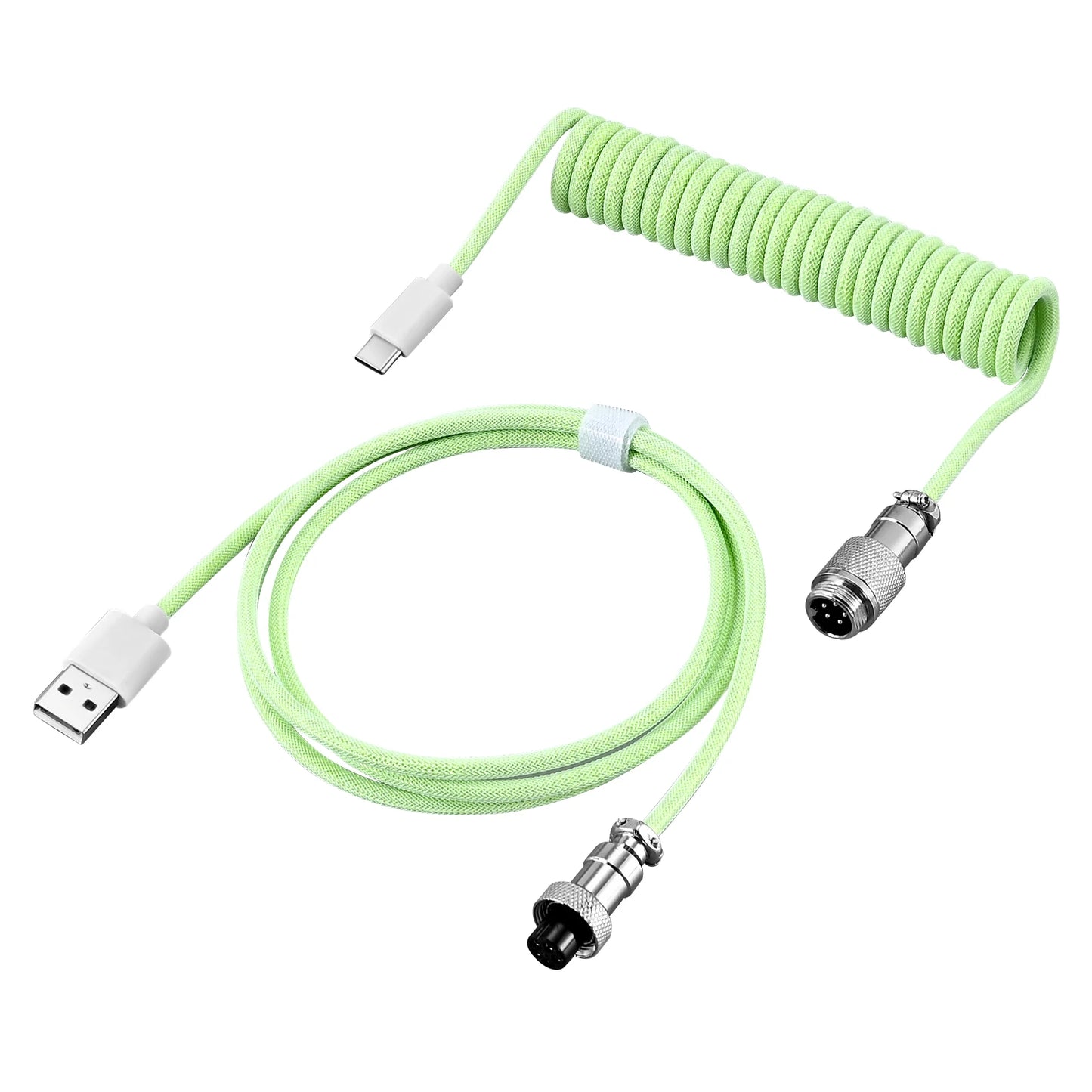 Green coiled cable with USB and connector ends on a white background