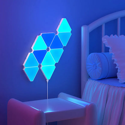 Geometric LED wall light in a room with a bed and chair.