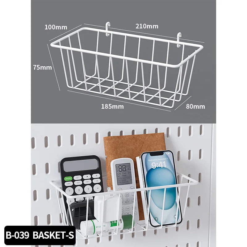 White wire basket with dimensions and items on a gray pegboard background