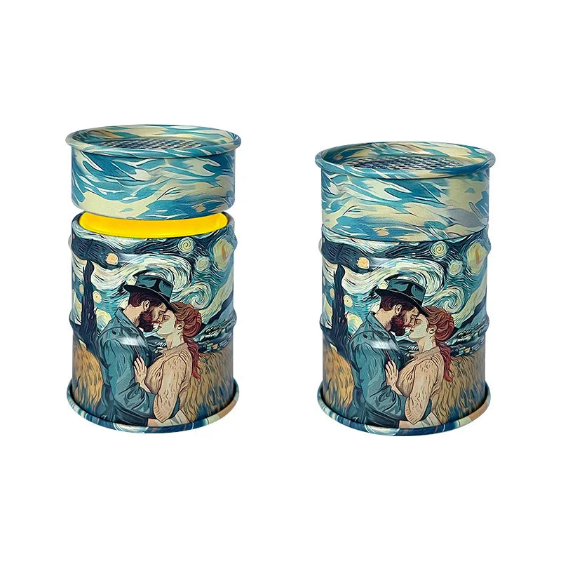 Two cylindrical containers with artistic design on a white background