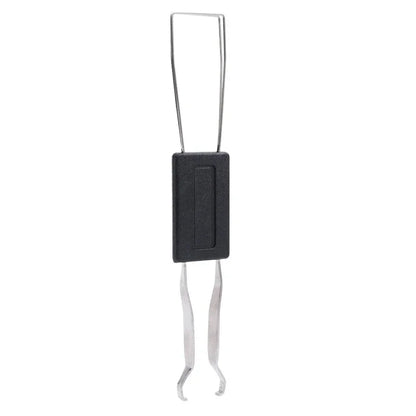Metallic tool with a black rectangular component on a white background