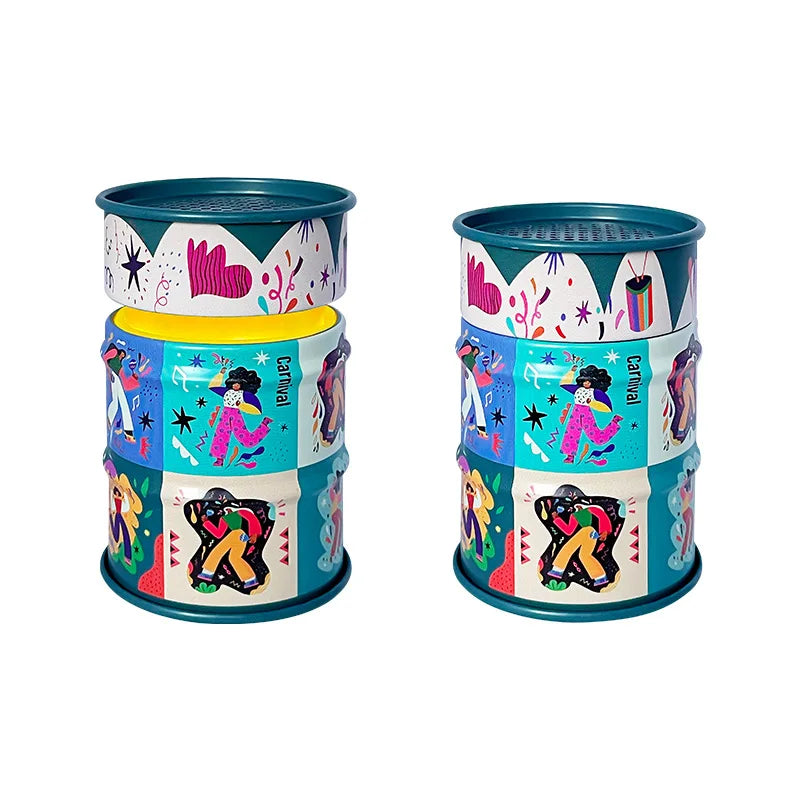 Two colorful cylindrical containers with artistic designs on a white background