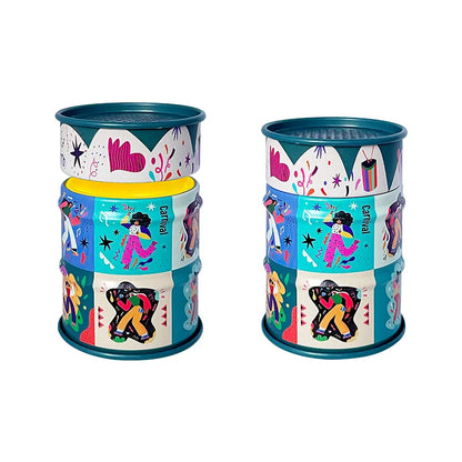 Two colorful cylindrical containers with artistic designs on a white background