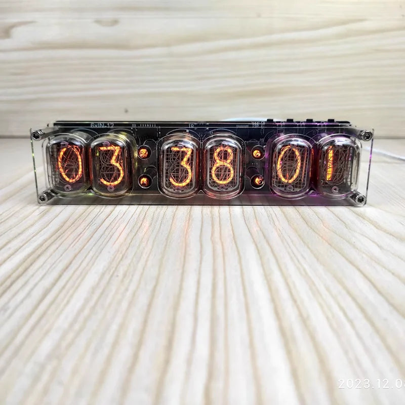 Digital clock with glowing numbers on a textured white surface
