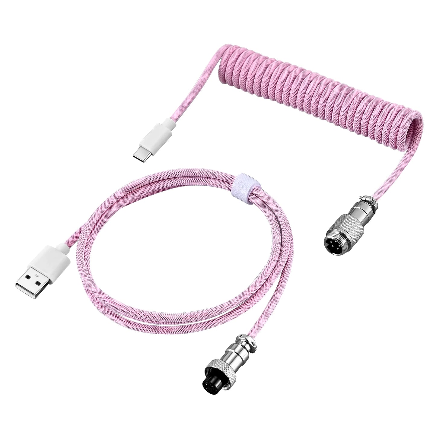 Pink coiled cable with USB and connector ends on a white background