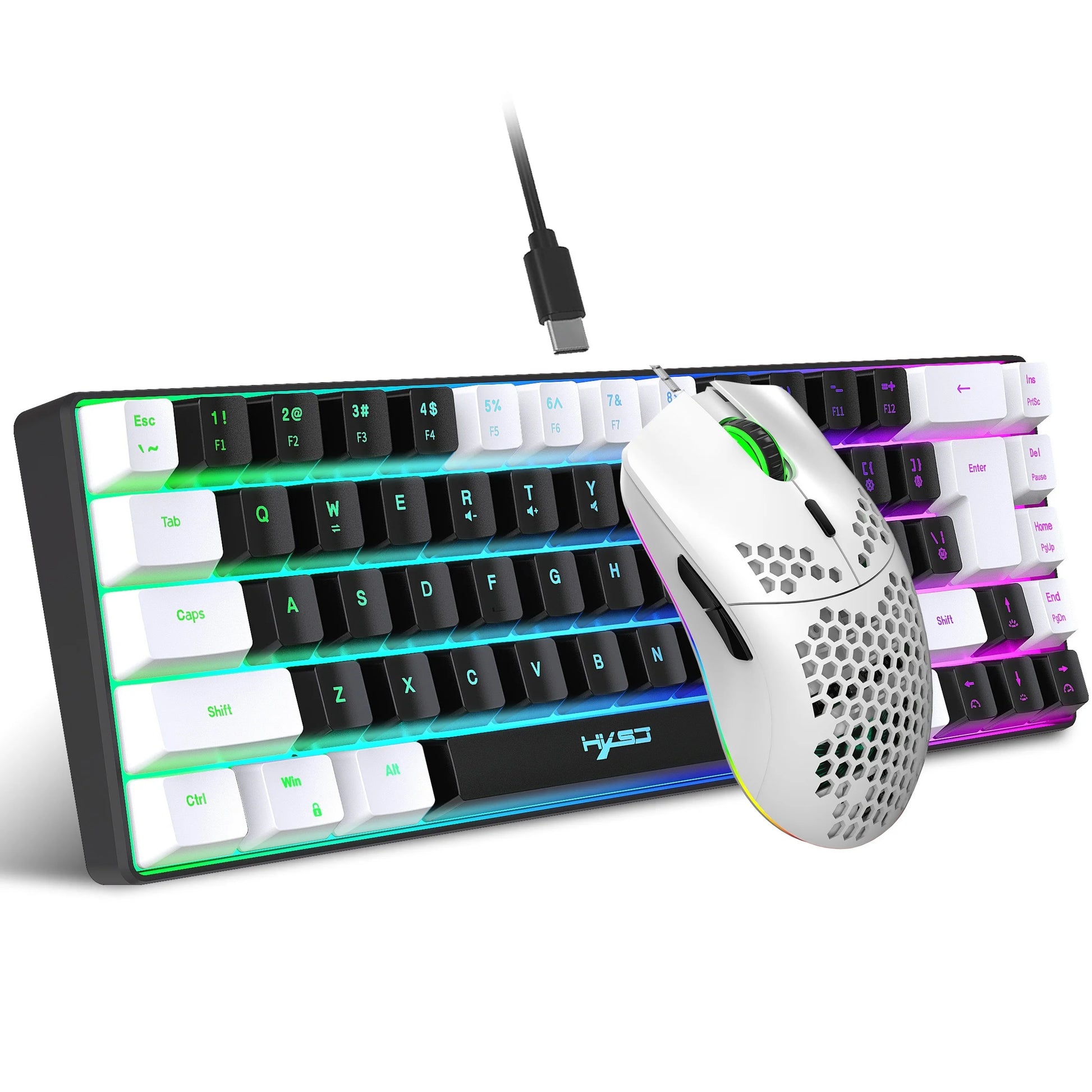 Mechanical keyboard and mouse set with RGB lighting on a white background