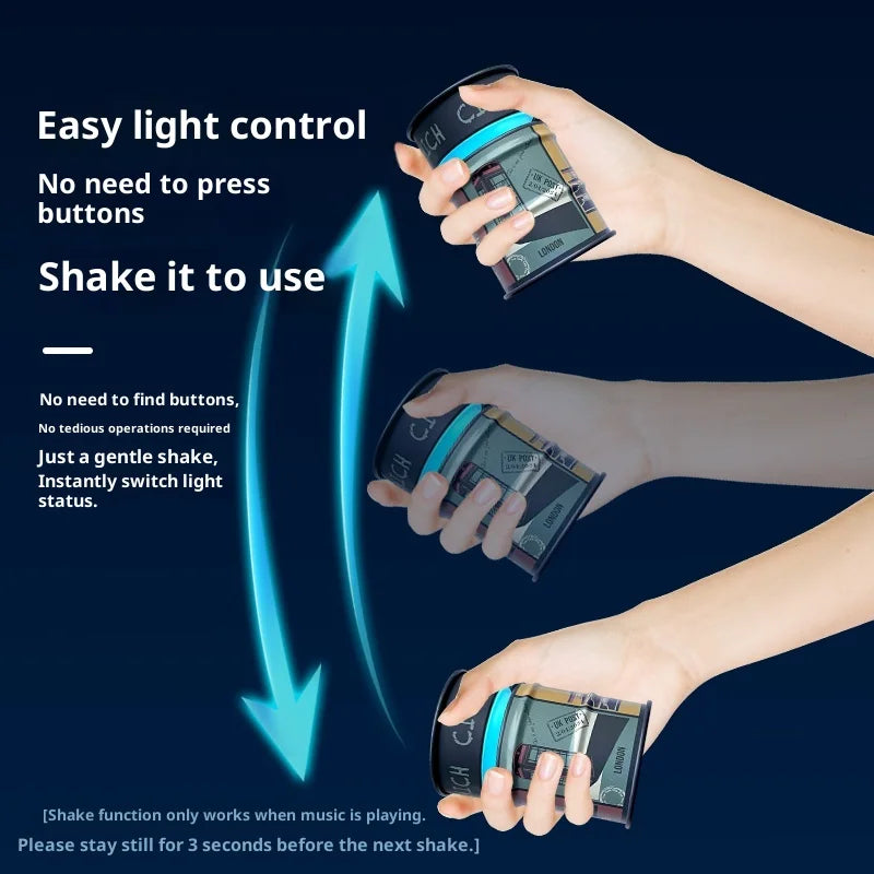 Hand holding a device with text explaining easy light control and shake-to-use feature on a dark blue background.