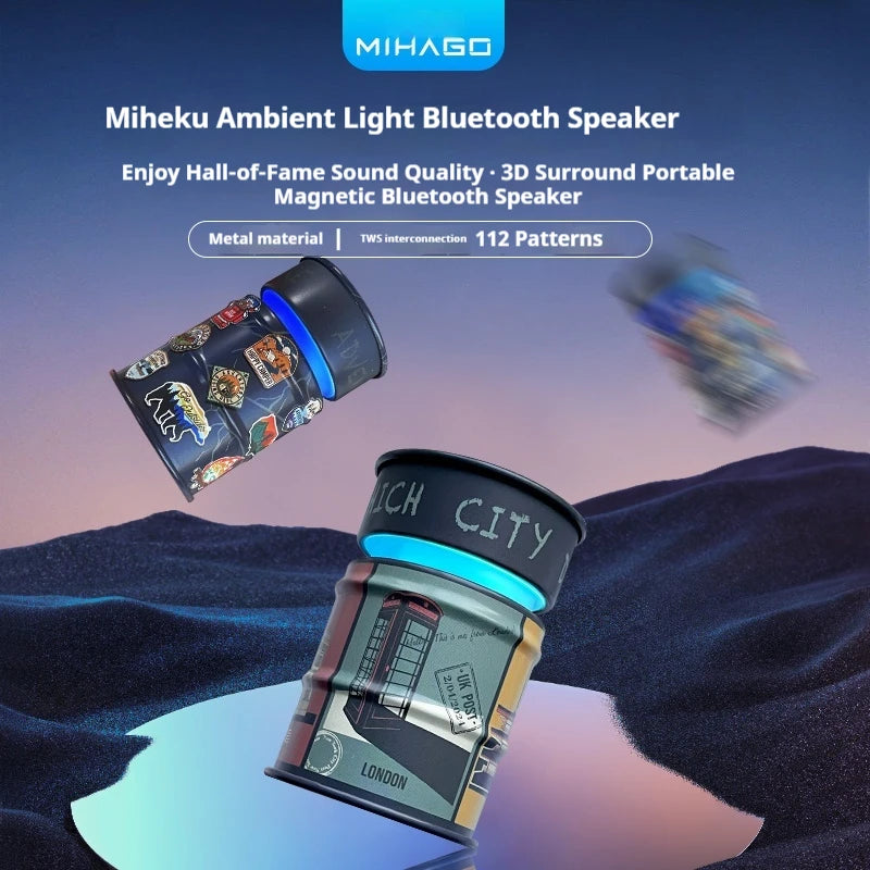 Miheku Ambient Light Bluetooth Speaker with product details on a blue background
