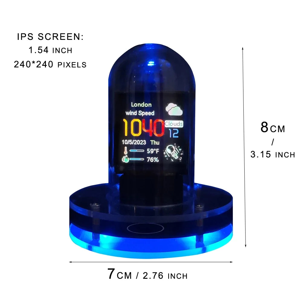 Small electronic device with a blue LED light and digital display, showing weather information, on a white background with measurements.