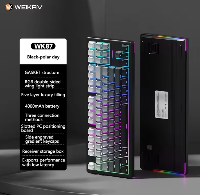 Mechanical keyboard with RGB lighting and specifications on a dark background