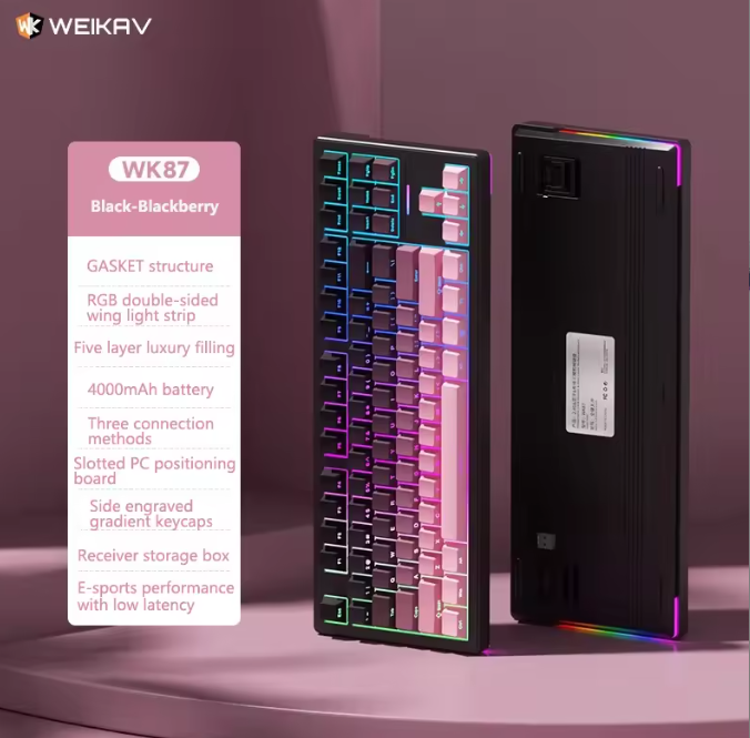 Blackberry keyboard with RGB lighting and specifications on a pink background