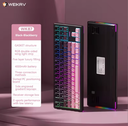 Blackberry keyboard with RGB lighting and specifications on a pink background