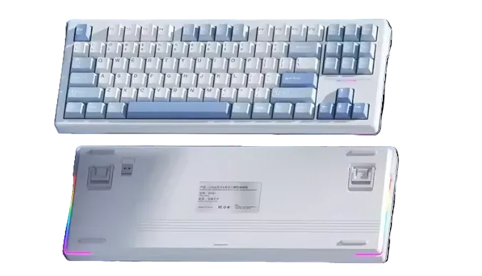 White and blue keyboard with packaging and feature list on a blue background