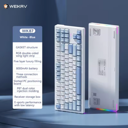 White and blue keyboard with packaging and feature list on a blue background