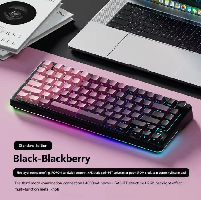 Mechanical keyboard with RGB backlighting on a pink surface next to a laptop.
