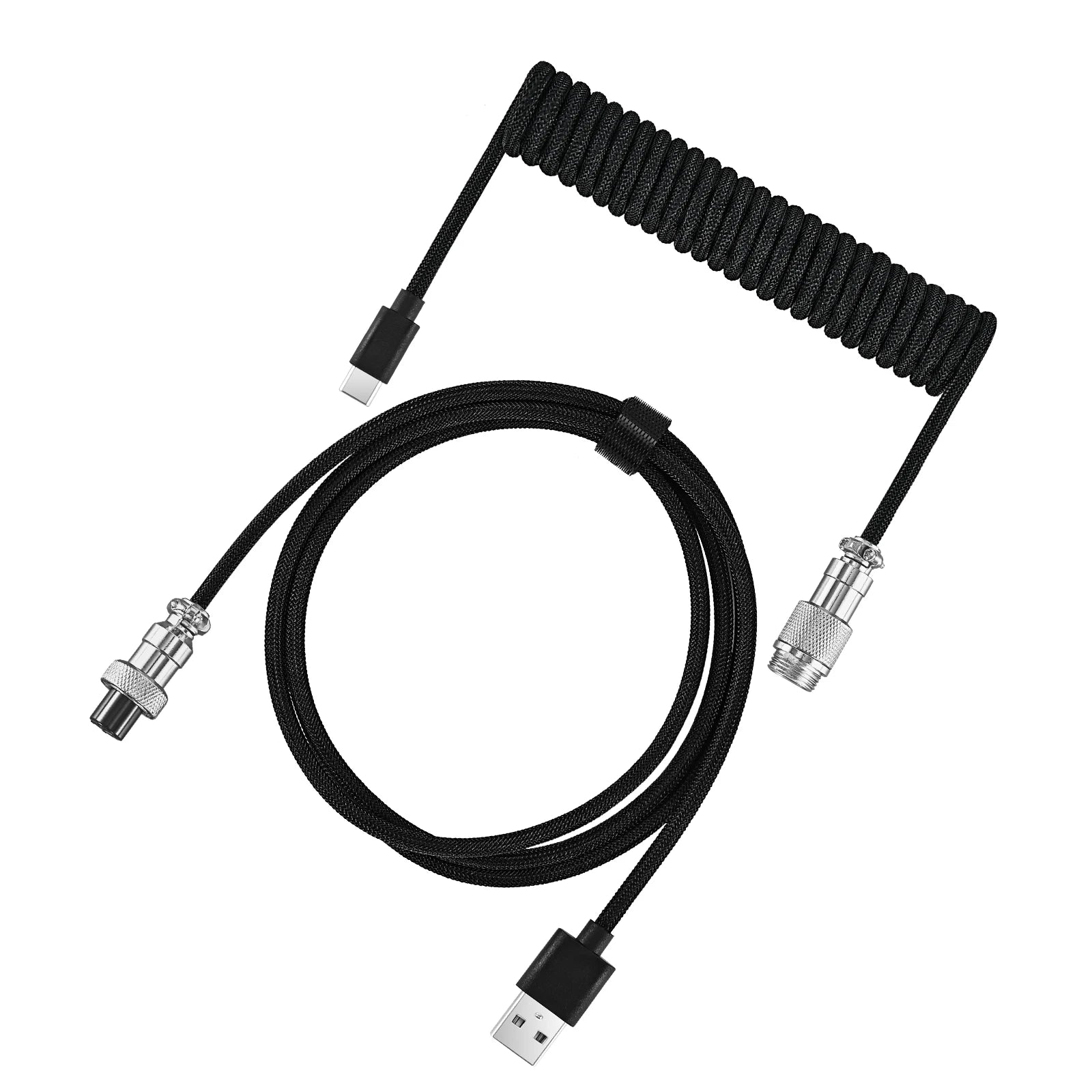 Coiled black USB cable with metal connectors on a white background