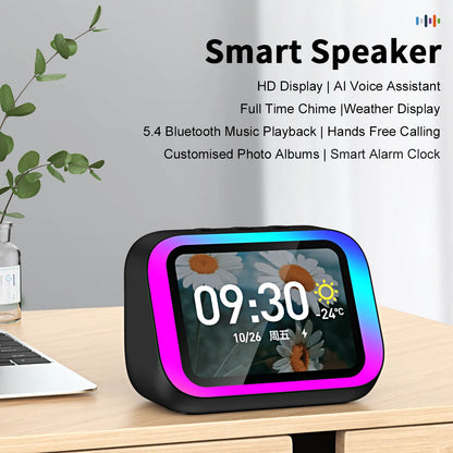 Smart speaker with display on a desk, featuring text about its features.