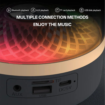 Portable speaker with colorful lighting and connection methods text on a dark background