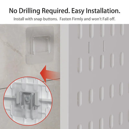 Wall-mounted panel with snap button installation feature, showing text 'No Drilling Required. Easy Installation.'