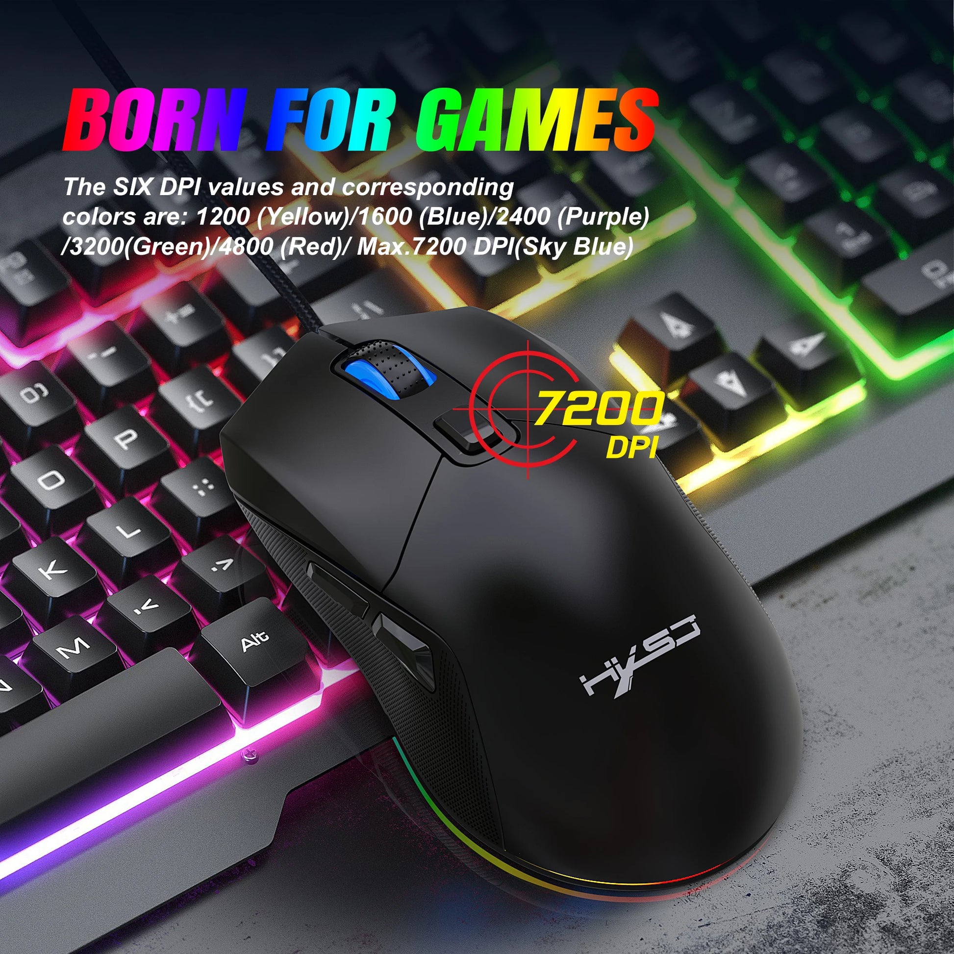 Gaming mouse with HYSZ branding on a keyboard background, featuring 'Born for Games' text.