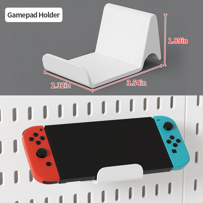 White gamepad holder with dimensions and a smartphone held by it on a gray background