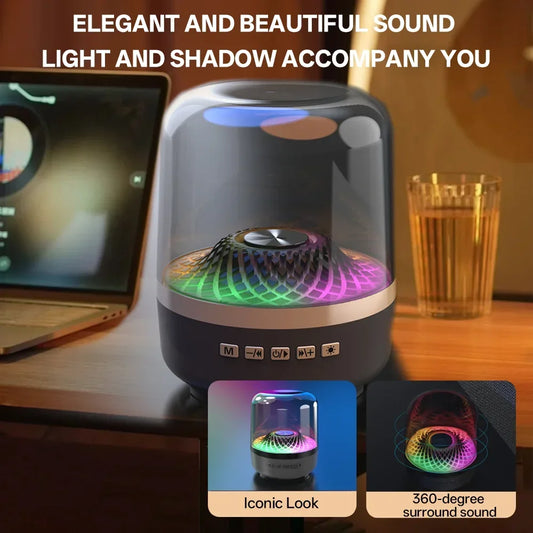 Multicolored LED light on a desk with laptop and glass of juice, text about sound and light.