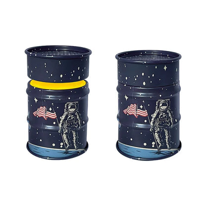 Two cylindrical containers with astronaut and flag design on a white background