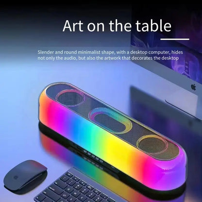 Colorful speaker on a desk with text about its design and functionality